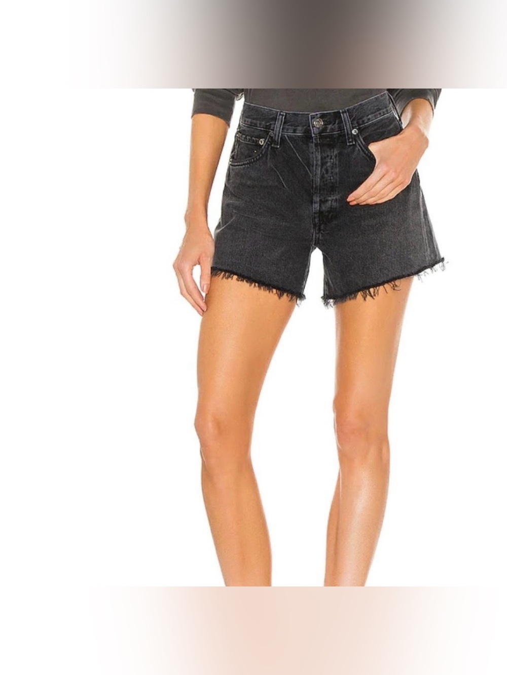 AGOLDE Parker Long Denim Shorts Black Trance Size 27 Frayed Cut-Off Distressed